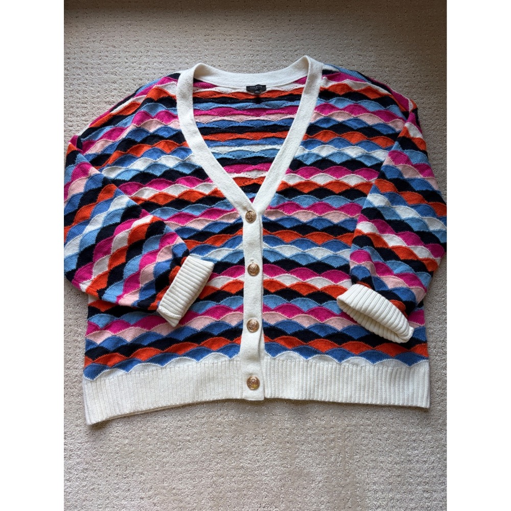 Talbots Cardigan 2X Multi Scallop Wave Gold Buttons Maximalist Eclectic Retro